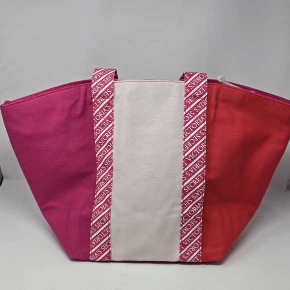 NWT VICTORIA'S SECRET TOTE BAG PINK COLORBLOCK RED HEART PACKABLE SET OF 2 LARGE - Picture 4 of 16